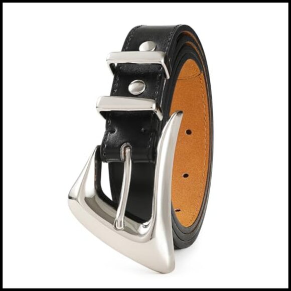 Faux Leather Belt with Silver Buckle for Women, Adjustable Notches